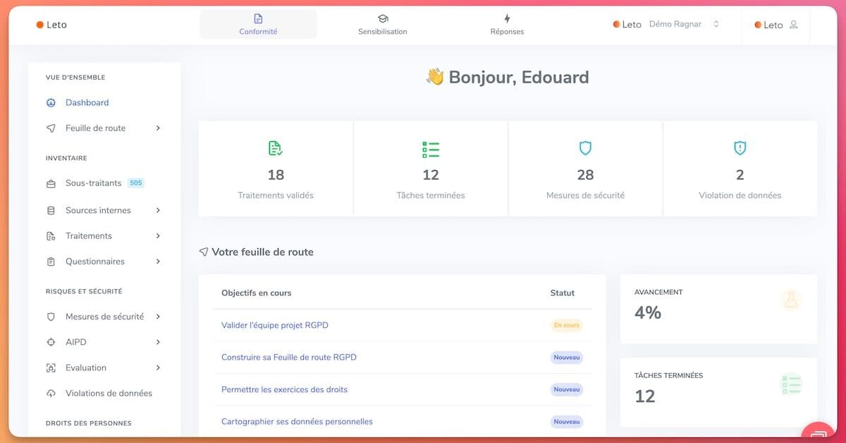 Leto : un logiciel RGPD collaboratif qui automatise la conformitÃ© des donnÃ©es