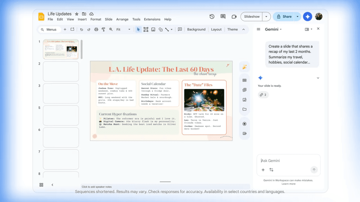 Google Workspace&nbsp;: Gemini peut désormais générer des documents, tableaux et présentations