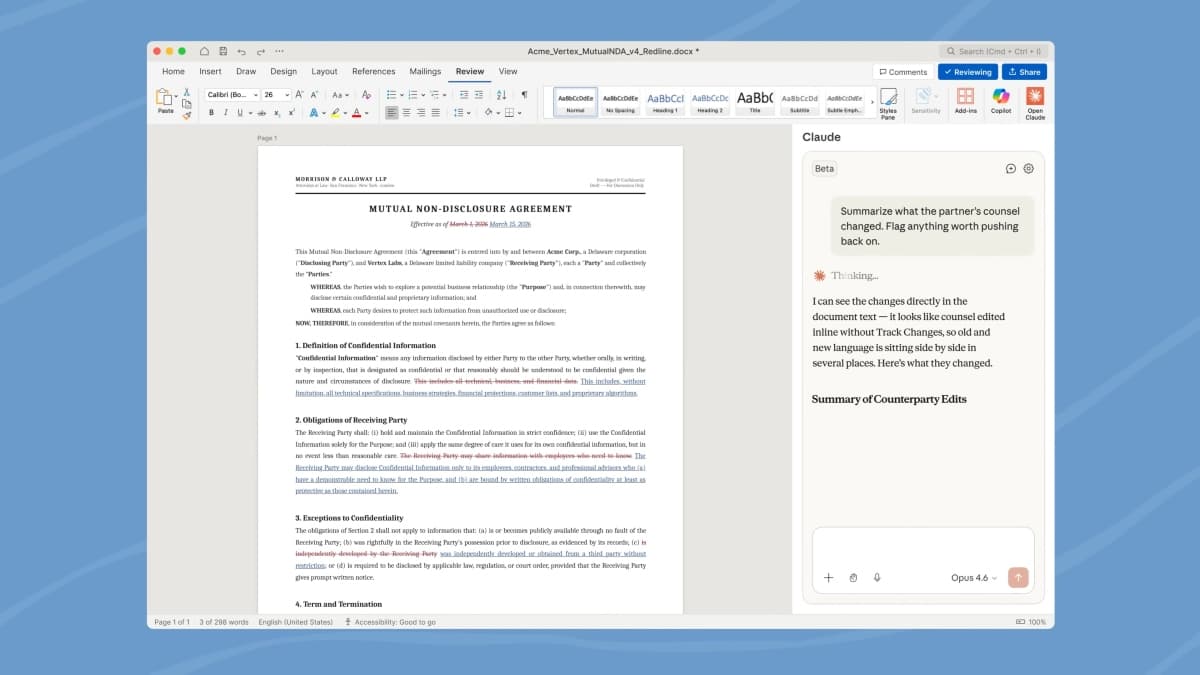 Après Excel et PowerPoint, Claude arrive dans Word