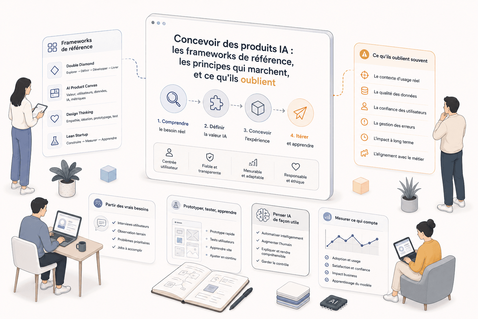 Concevoir des produits IA : les frameworks de référence, les principes qui marchent, et ce qu’ils oublient